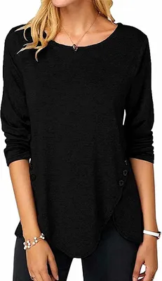Produktbild von ASKSA Damen Langarm T-Shirt Rundhals Einfarbig Langarmshirt Lose Tunika Bluse Oberteile, Schwarz, M