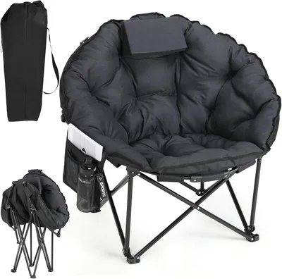 Produktbild von Faltbarer Campingstuhl - Runder Moon Chair - Übergröße 95x95x93 cm - Gepolsterter Baumwollsitz mit Kopfstütze - Getränkehalter 150 kg - Rutschfeste Füße - Schwarz 1 Stuhl