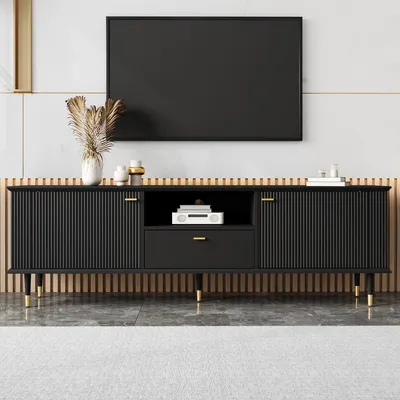 Produktbild von Merax TV-Schrank mit offenen Fächern und Schublade, TV Lowboard mit Soft-Close-Scharniere, TV-Board mit lackierte Strukturoberfläche aus MDF, Schwarz