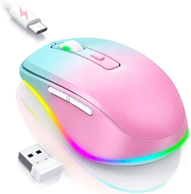 Obrázek produktu pro seenda Bezdrátová myš LED, dobíjecí bezdrátová myš s myší Jiggler, tichá 2,4G USB bezdrátová myš pro notebook, počítač (modrá zelená a růžová)