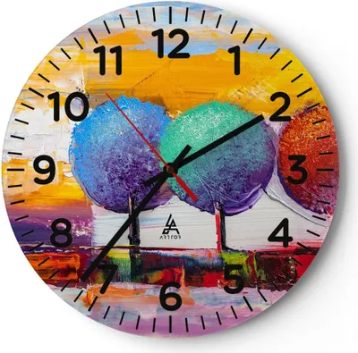 Produktbild von Wanduhr - Rund - Glasuhr - Bäume Wiese Sommer - 30x30cm - Schleichendes Uhrwerk - Lautlos - zum Aufhängen bereit - Dekoration Modern - Wanddekoration aus Glas - C4AR30x30-4110