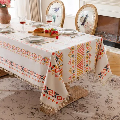 Produktbild von Boho Tischdecke Geometrisches Wachstuchtischdecke Rechteckig Tischtuch mit Quasten Wasserdicht Schmutzabweisend fš¹r Esstisch Kš¹che Feiern 140x180 cm Orange