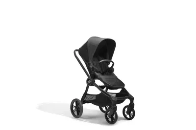 A black baby stroller is shown against a white background.