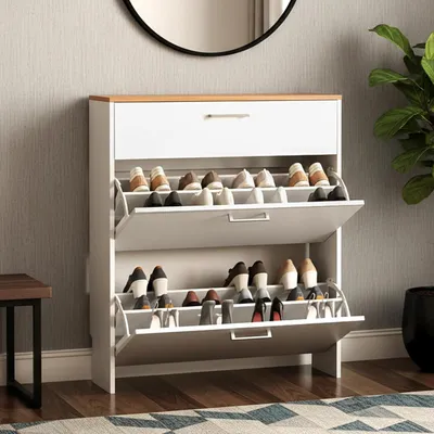 Produktbild von FCH Schuhschrank mit 2 Klappen, Schuhregal mit Schubladen, 80x24x94cm, Weiß (Deckplatte Eiche Optik)