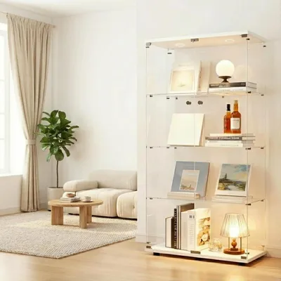 Produktbild von Glasvitrine mit LED-Beleuchtung, 4-stöckig, abschließbar, Weiß