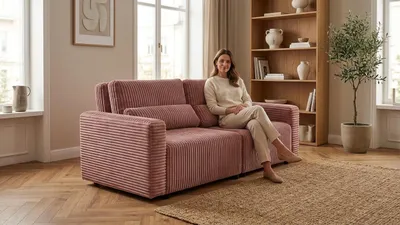 Produktbild von Schlafsofa KOMO Idylla – Modular mit Stauraum, Cord in Rosa, Family Meble, KI-generiertes Bild