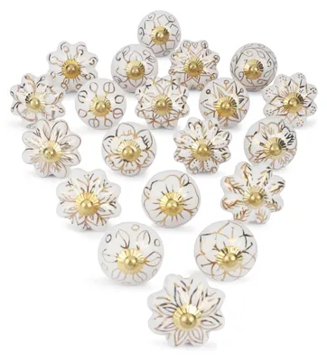 Produktbild von Set mit 20 Keramikknöpfen in Weiß und Gold für Schranktüren, Schubladen und Möbelgriffe an Küchenschränken und Sideboards. Handgefertigte, dekorative Keramikknöpfe.