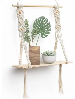 Produktbild von Wandregal aus Baumwollseil, Boho-Wanddeko fürs Schlafzimmer – Gewebte Seilwandkunst als Boho-Badezimmerregal – Makramee-Wandregal mit Pflanzenampel und gehäkelten Wandbehängen