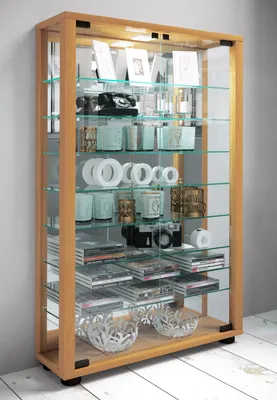 Produktbild von VCM Glasvitrine stehend | Vitrine Glas mit ESG-Sicherheitsglas | Maße ca. H. 91 x B. 59 x T. 18 cm | Standvitrine Glas | Modern und platzsparend | Glas Vitrinenschrank – Lumo Mini Spiegel