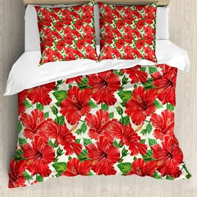 Image de Ensemble housse de couette ABAKUHAUS Hawaii, bouquet floral d'inspiration botanique, motif rétro hibiscus rouge dessiné à la main, 155 x 220 cm + 80 x 80 cm, beige vert rouge