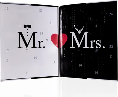 An open advent calendar with 'Mr.' on the left side and 'Mrs.' on the right side.