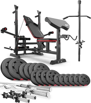Immagine prodotto di - Panca per esercizi con cavi, panca multifunzionale, panca inclinabile regolabile, inclusa barra per bilanciere, barra per curl, set di pesi da 75 kg a 173 kg, capacità massima di carico della panca: 270 kg