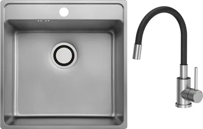 Produktbild von VBChome Edelstahlspüle mit Armatur 49x48x21 cm Inox Leinenstruktur Einbauspüle mit Hahnloch Groß Becken Siphon Armatur Schwarz mit flexiblem Auslauf
