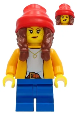 Obrázek produktu pro LEGO Minifigurka dívky – bunda v jasně oranžové barvě, modré krátké kalhoty (cty1235)