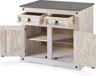 Produktbild von Sam Möbel GmbH Sideboard MEXICO, Pinienholz, weiß-grau lasiert, 83,5 x 91,5 x 43 cm, mit 2 Türen und schwarz lackierten Metallverzierungen, Unikat