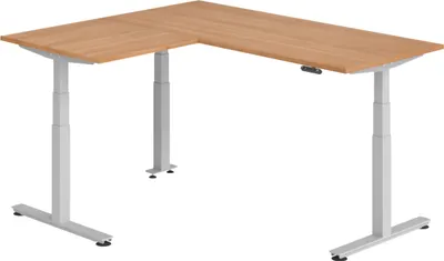 Produktbild von bümö Eckschreibtisch elektrisch höhenverstellbar L-Form - Gestell: Silber, Nachbildung: Nussbaum, Größe: Eckschreibtisch 180 x 160 cm