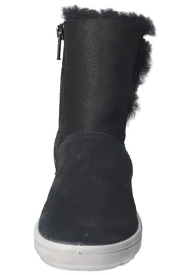 A black boot with white sole and fur trim.