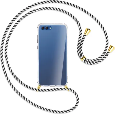 Produktbild von Handykette Backcover-Schutzhülle mit Band (Metall goldfarben) für Honor View 10 / V10 - schwarz/weiß gestreift