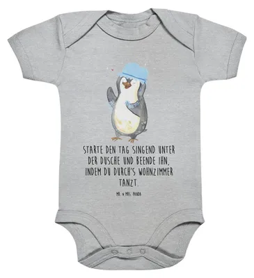 Produktbild von Mr. & Mrs. Panda overall baby Pinguin Duschen 1. - 3. Monat - Heather Grey - Geschenk, Duschkonzert, kurzarm strampler, Baden, Babystrampler, Singen, Babybody, Motivation