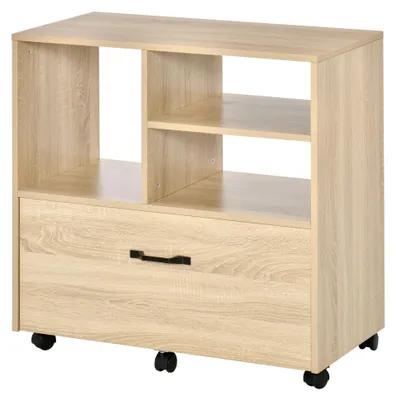 Produktbild von Mehrzweck-Bš¹roschrank aus Holz, Druckerschrank mit 5 Rollen, Schublade und verstellbarem Einlegeboden, 77 x 40 x 73 cm, Holz