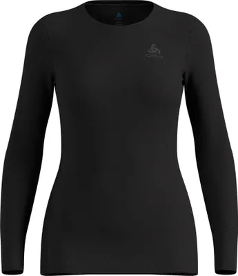 Schwarzes langärmeliges Funktionsshirt mit rundem Ausschnitt und Odlo-Logo auf der Brust