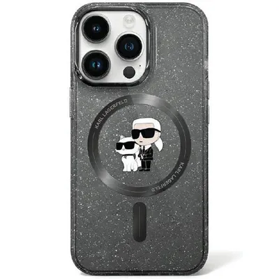 A Karl Lagerfeld iPhone case with a glitter finish and a graphic of Karl Lagerfeld and his cat Choupette.
