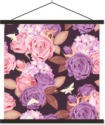 Produktbild von MuchoWow® Textilposter Blumen - Schmetterlinge - Rosa - Lila 40x40 cm mit schwarzem Rahmen - Fotos