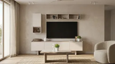 Productafbeelding van TV-meubel, dressoir, salontafel, beige, modern, elegante wandmeubel, wandkast, AI-gegenereerde afbeelding