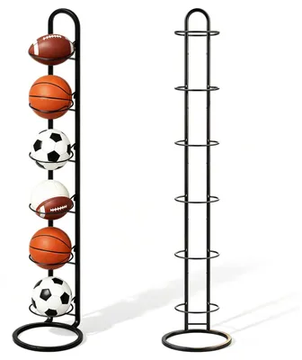 Immagine prodotto di Supporto per palloni con 6 livelli - Portapalloni in metallo nero - Altezza 141 cm - Adatto per pallacanestro, calcio, rugby, pallavolo