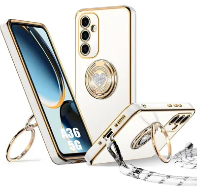 Image de Coque pour Samsung Galaxy A36 5G, Protection Silicone Ultra Slim avec Cordon et Anneau Brillant Rotatif - Blanc