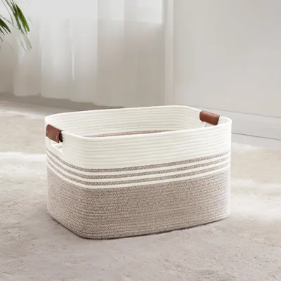 Image de Panier à linge tressé, 45 litres, corde en coton avec poignées en cuir, blanc/marron, 45x35x27 cm