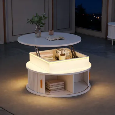 Produktbild von okwish Runder Kaffeetisch,Sofatisch mit LED Beleuchtung,Couchtisch mit verstecktem Stauraum,Beistelltisch mit zwei Rolltüren,Weiß