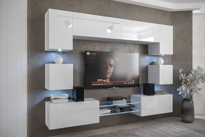 Produktbild von Furnitech Wohnwand Wohnzimmer - Wohnzimmer Möbel mit LED RGB - Hängend Wohnwand Modern mit Regale und TV Schrank (Nowara ANX1-17W-HG21-1A)