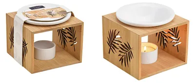 Productafbeelding van Geurbrander bladdecor van bamboe, keramiek, naturel, wit (B/H/D) 12x10x12 cm