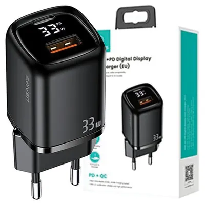 Imagen del producto de Usams. Cargador de red. 1x USB-C + 1x USB. 33W (solo el cargador). Compatible con PD3.0 + QC3.0 para carga rápida. Color . Modelo: CC152TC01 (US-CC152)