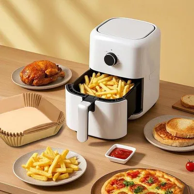 Obrázek produktu pro 100 kusů pečicího papíru do horkovzdušné fritézy, olejuvzdorný pečicí papír do horkovzdušné fritézy o rozměrech 20 cm, čtvercové papírové formy do horkovzdušné fritézy, nepřilnavé formy do horkovzdušné fritézy o objemu 4,5–8 litrů, do trouby a na gril