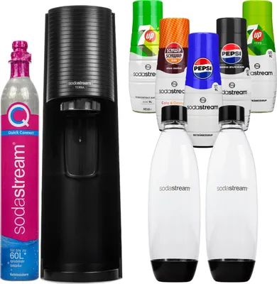 Obrázok produktu pre Výrobník perlivej vody Sodastream Terra Black s 2 fľašami 5 sirupov CO2 fľaša