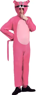 A person wearing a pink panther costume.