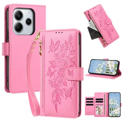 Image de Étui pour Xiaomi Redmi Note 14 4G, en cuir PU, type portefeuille, avec compartiments, support pour cartes et boucle. Couleur : rose