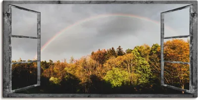 Produktbild von ARTland Leinwandbild Fensterblick - Regenbogen Größe: 150x75 cm