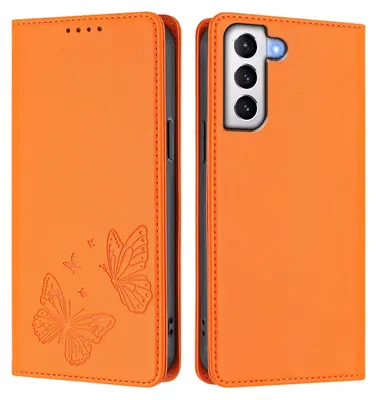 Image de Étui en cuir pour Samsung Galaxy S21 5G, motif papillon, étui portefeuille à rabat avec support, orange