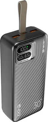 A black and gray power bank with a digital display and multiple ports, shown against a white background.