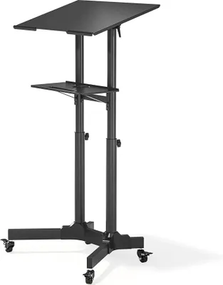 Image de Bureau debout réglable en hauteur avec roulettes, plateau pour ordinateur portable avec 2 plateformes inclinables, capacité de 30 kg, dimensions 125x60 cm, couleur noire