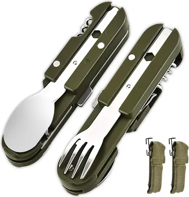 Produktbild von Edelstahl Campingbesteck 5-in-1 Klappbesteck mit Flaschenöffner - Set von 2 - Tragbares Besteck für Outdoor: Campingbesteck als Messer, Gabel, Löffel - Edelstahl