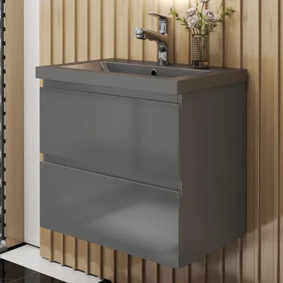 Produktbild von Badmöbel Set HUTI-Serie 60cm Dunkelgrau Waschbecken mit Unterschrank Badezimmermöbel mit 2 Schubladen Hochglanz Dunkelgrau Hängeschrank