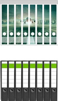 Produktbild von Wallario 8 Stück schmale Ordner inkl. Klebeetiketten mit Motive Startendes Flugzeug - Landebahn -  Set mit Rückenschildern / Ordnerrücken Stickern