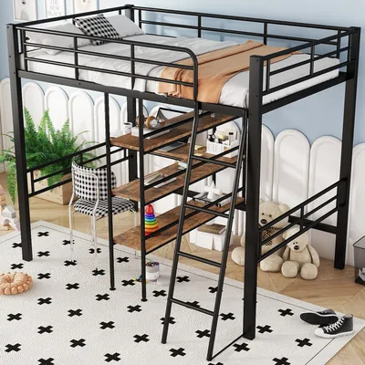 Produktbild von Hochbett, mit Schreibtisch, Regalen, Geländer, Leiter, Schwarz, 90x200 cm