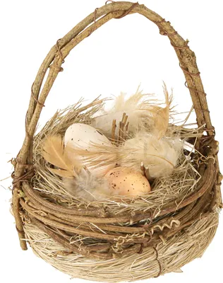 Produktbild von Osterkorb Wachteleier Rebenkorb Ø12cm mit Federn Deko 2 Stück