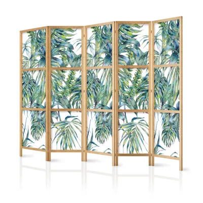 Image de Paravent XXL Feuilles tropicales Monstera Palm Wedel 225x171 cm - 5 panneaux - simple face - élégant pare-vue - séparateur de pièce - cloison - séparateur d'espace - bois - motif design - décoration b-A-0369-z-c