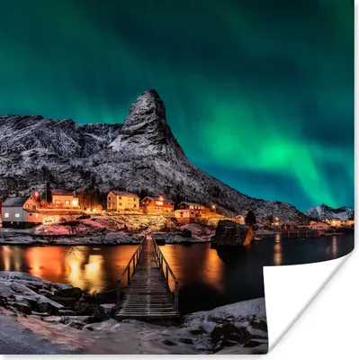 Produktbild von MuchoWow® Poster Nordlicht - Island - Schnee - Dorf - Grün - Berge 75x75 cm - Wand Dekoration